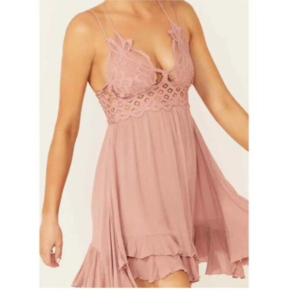 Free People Adella Slip Dress in Rose Mauve Pink Lace Smocked Back Flowy S